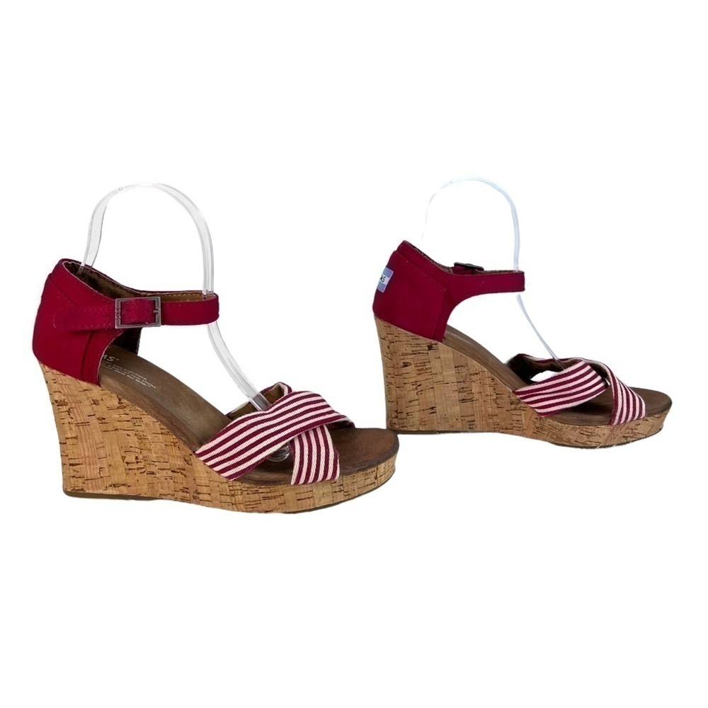TOMS Sienna Cork Wedge Sandals W9 Red White Stripe Ankle Strap Summer Nautica